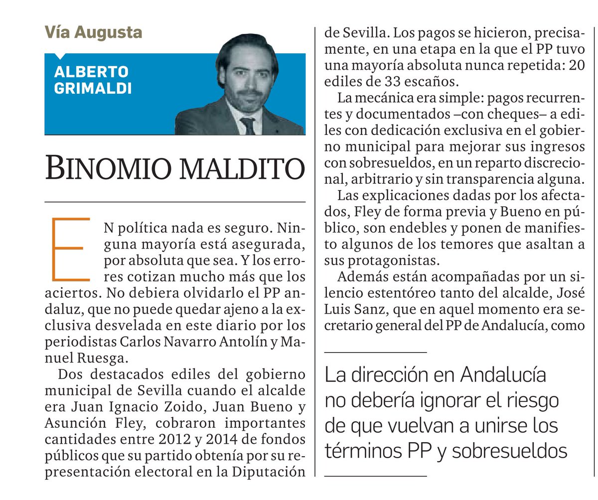 A_Grimaldi's tweet image. Columna de opinión #VíaAugusta en @GrupoJoly: Binomio maldito.
La dirección en Andalucía no debería ignorar el riesgo de que vuelvan a unirse los términos PP y sobresueldos.
Léala completa aquí 👉🏻 diariodesevilla.es/opinion/articu… vía @diariosevilla