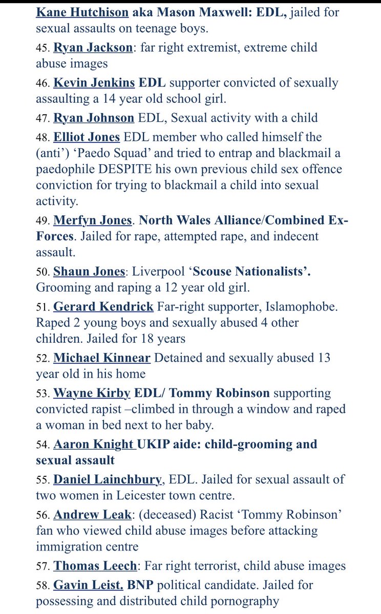 Dr Louise Raw (@louiserawauthor) on Twitter photo UPDATED- AGAIN.
We are now at *102* convicted far right sex offenders.
Read the horrifying details, including MURDER of a 15 year old girl & INFANT RAPE.
Why won’t you condemn them, <a href="/TRobinsonNewEra/">Tommy Robinson 🇬🇧</a> <a href="/GoldingBF/">Paul Golding</a> <a href="/Nigel_Farage/">Nigel Farage MP</a> <a href="/KemiBadenoch/">Kemi Badenoch</a> <a href="/elonmusk/">Elon Musk</a>?
Offenders 1- 58
i/ UPDATED- AGAIN.
We are now at *102* convicted far right sex offenders.
Read the horrifying details, including MURDER of a 15 year old girl & INFANT RAPE.
Why won’t you condemn them, <a href="/TRobinsonNewEra/">Tommy Robinson 🇬🇧</a> <a href="/GoldingBF/">Paul Golding</a> <a href="/Nigel_Farage/">Nigel Farage MP</a> <a href="/KemiBadenoch/">Kemi Badenoch</a> <a href="/elonmusk/">Elon Musk</a>?
Offenders 1- 58
i/