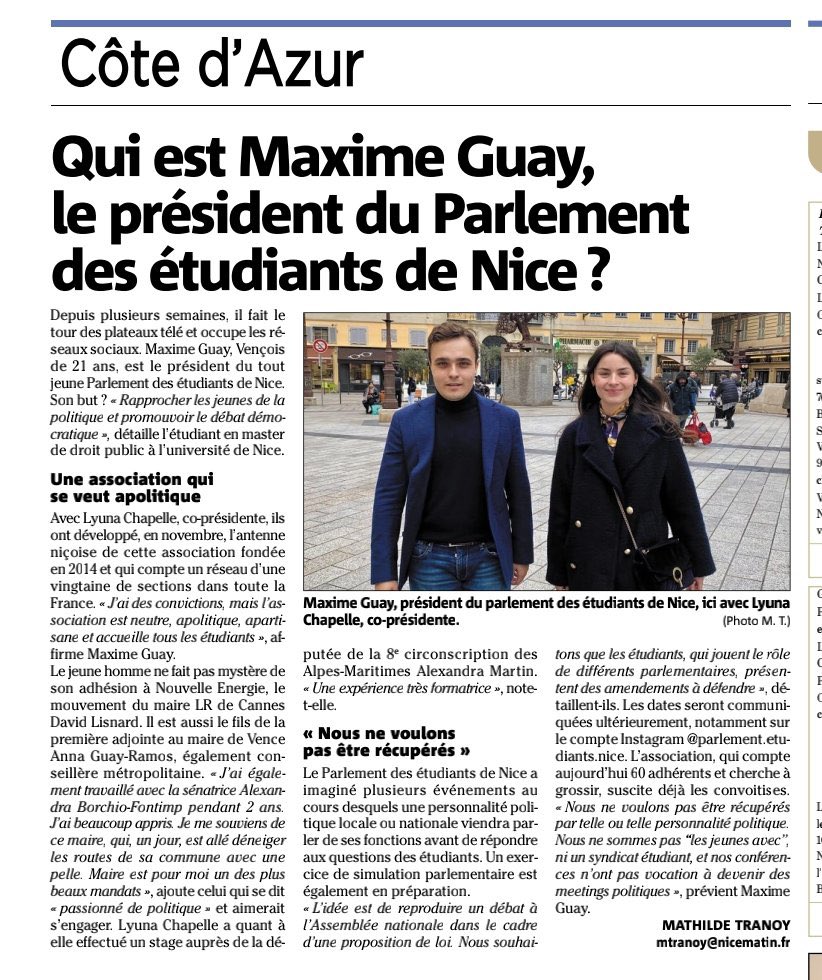 maximeguay06's tweet image. 🗞️Un grand merci à @Nice_Matin et à @m_tranoy pour cet article !
En avant avec le @Parl_etud_Nice ! 🚀
Merci également à @DenisCarreaux 🙏