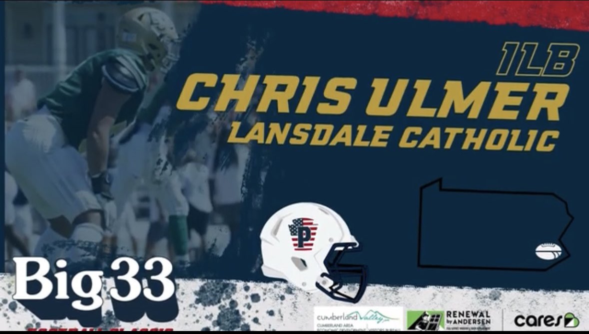 Chris Ulmer (@chrisulmer_21) on Twitter photo AGTG!
Honored to be able to represent PA.
Thank you for this opportunity <a href="/psfcabig33/">PSFCA BIG33 Football Classic</a>
<a href="/BigMenNTrenches/">Dominic. D'Addona</a>
<a href="/jwhitesell28/">Joe Whitesell</a>
<a href="/MUHawksFB/">Monmouth Football</a>
<a href="/PaFootballNews/">Pennsylvania Football News</a> AGTG!
Honored to be able to represent PA.
Thank you for this opportunity <a href="/psfcabig33/">PSFCA BIG33 Football Classic</a>
<a href="/BigMenNTrenches/">Dominic. D'Addona</a>
<a href="/jwhitesell28/">Joe Whitesell</a>
<a href="/MUHawksFB/">Monmouth Football</a>
<a href="/PaFootballNews/">Pennsylvania Football News</a>
