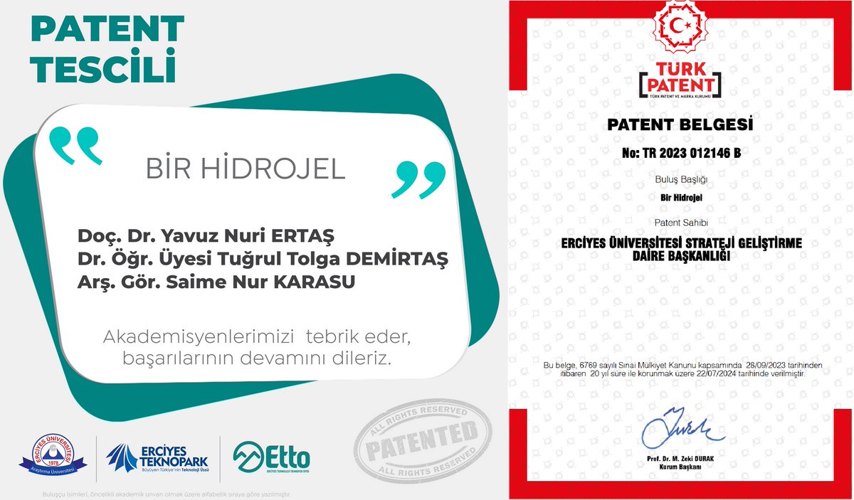 🎓Chia tohumu müsilajına dayalı yeni bir hidrojel icadımız patentlendi! <a href="/TURKPATENT/">Türk Patent ve Marka Kurumu</a>

#Hidrojel, #biyobaskı mürekkebi olarak kullanılabilir; kontrollü ilaç salınımı, #biyosensör, kıkırdak ve kemik tedavisi, yaralar, yanıklar, #kozmetik ve rejeneratif #tıp alanlarına hitap ediyor.