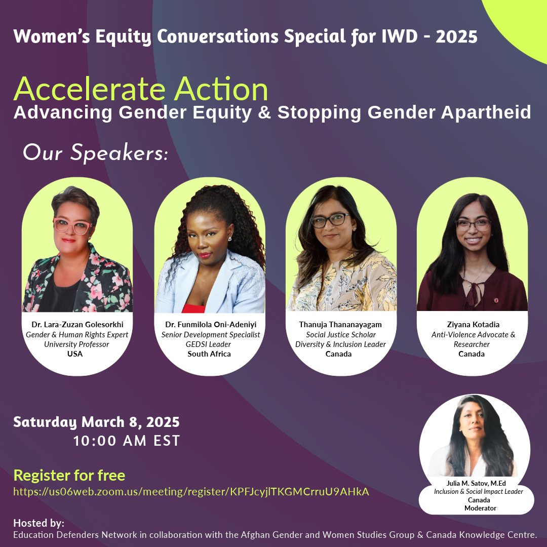 Join <a href="/EducationDN/">Education Defenders Network - EDN</a> this #IWD2025 for an eye-opening discussion on how education, advocacy, and policy can stop gender apartheid &amp; advance gender equity.

March 8, 2025, | 10:00 AM EST | Virtual Event
Register now: us06web.zoom.us/meeting/regist…

#GenderJustice #RecognizeGenderApartheid