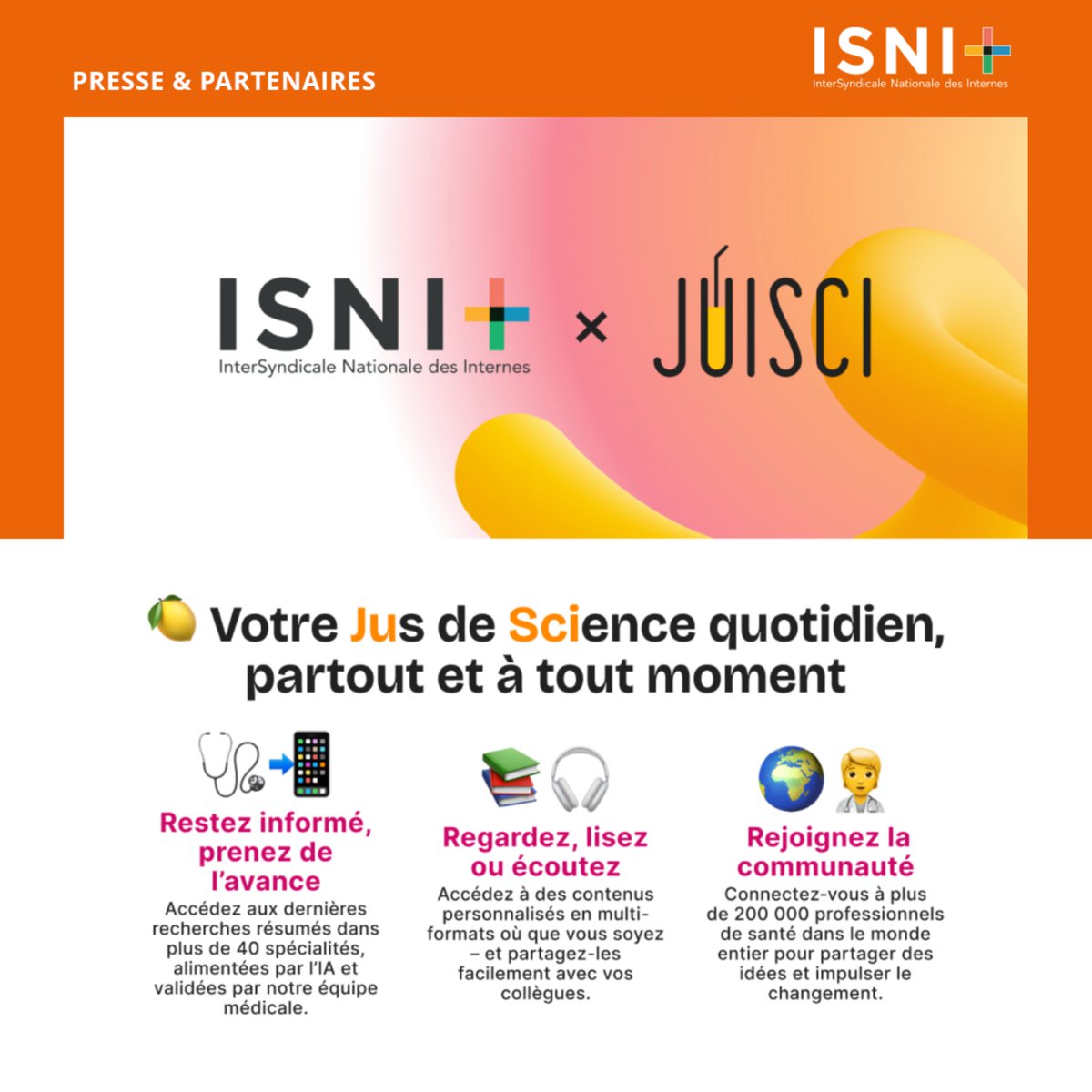 ISNItwit's tweet photo. 🤝 L’ISNI s’associe à @juisci pour te permettre de surveiller la littérature scientifique, les articles de ta spécialité et les nouveautés en congrès ! 📄📚🧪 
📲 Un canal spécifique ISNI est dispo sur l’application, regroupant de la littérature sur la Santé au Travail👩‍⚕️ https://t.co/ZSdBO1HxmH