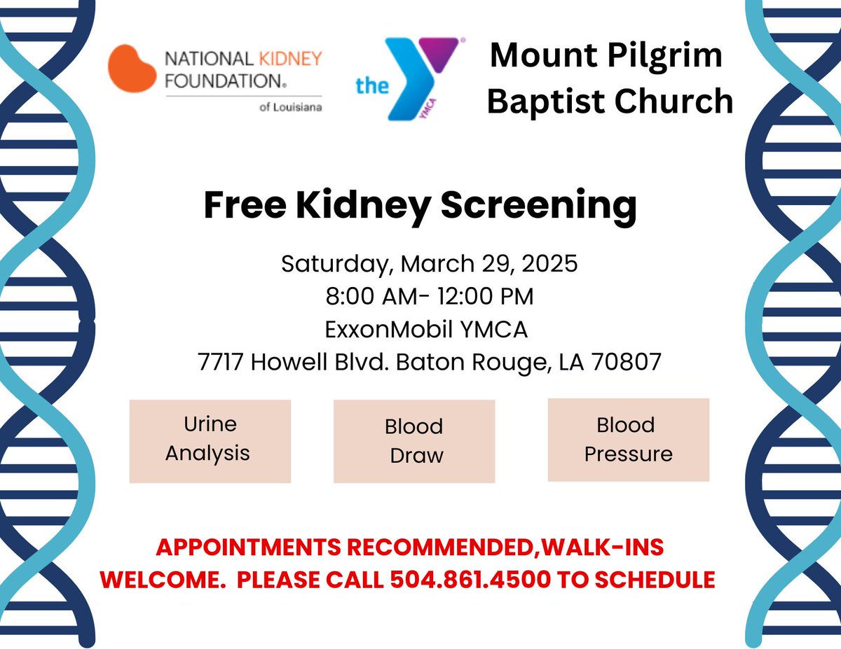 NKFLA's tweet image. #batonrouge Join us on March 29, 2025, for a FREE #kidneyscreening from 8:00 am - 12:00 pm at ExxonMobil YMCA (7717 Howell Blvd. Baton Rouge, LA 70807 Take charge of your #kidneyhealth! Call 504.861.4500 to schedule your appointment. Remember, to tell your friends and family!