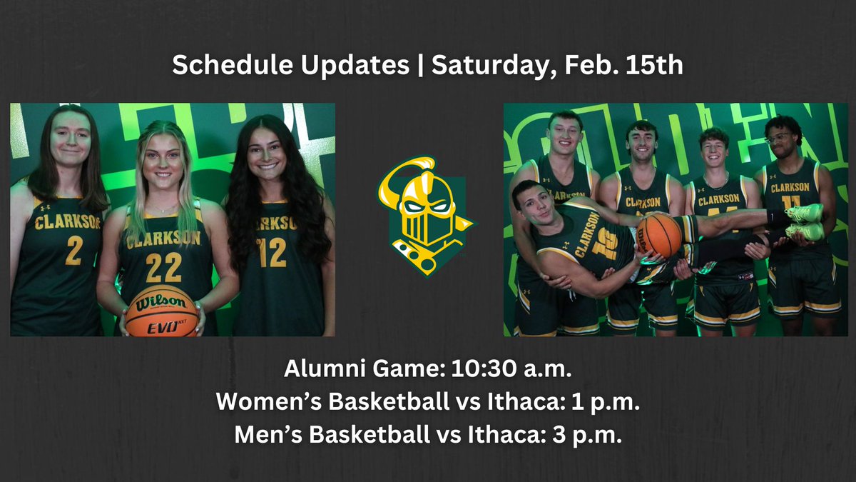 ClarksonAthletics (@clarksonusports) on Twitter photo Slight changes to game times this Saturday due to an upcoming winter storm....but basketball is still on!! <a href="/ClarksonMBB/">Clarkson Basketball</a> <a href="/Clarkson_WBB/">Clarkson Women’s Basketball</a> #LetsGoTech Slight changes to game times this Saturday due to an upcoming winter storm....but basketball is still on!! <a href="/ClarksonMBB/">Clarkson Basketball</a> <a href="/Clarkson_WBB/">Clarkson Women’s Basketball</a> #LetsGoTech