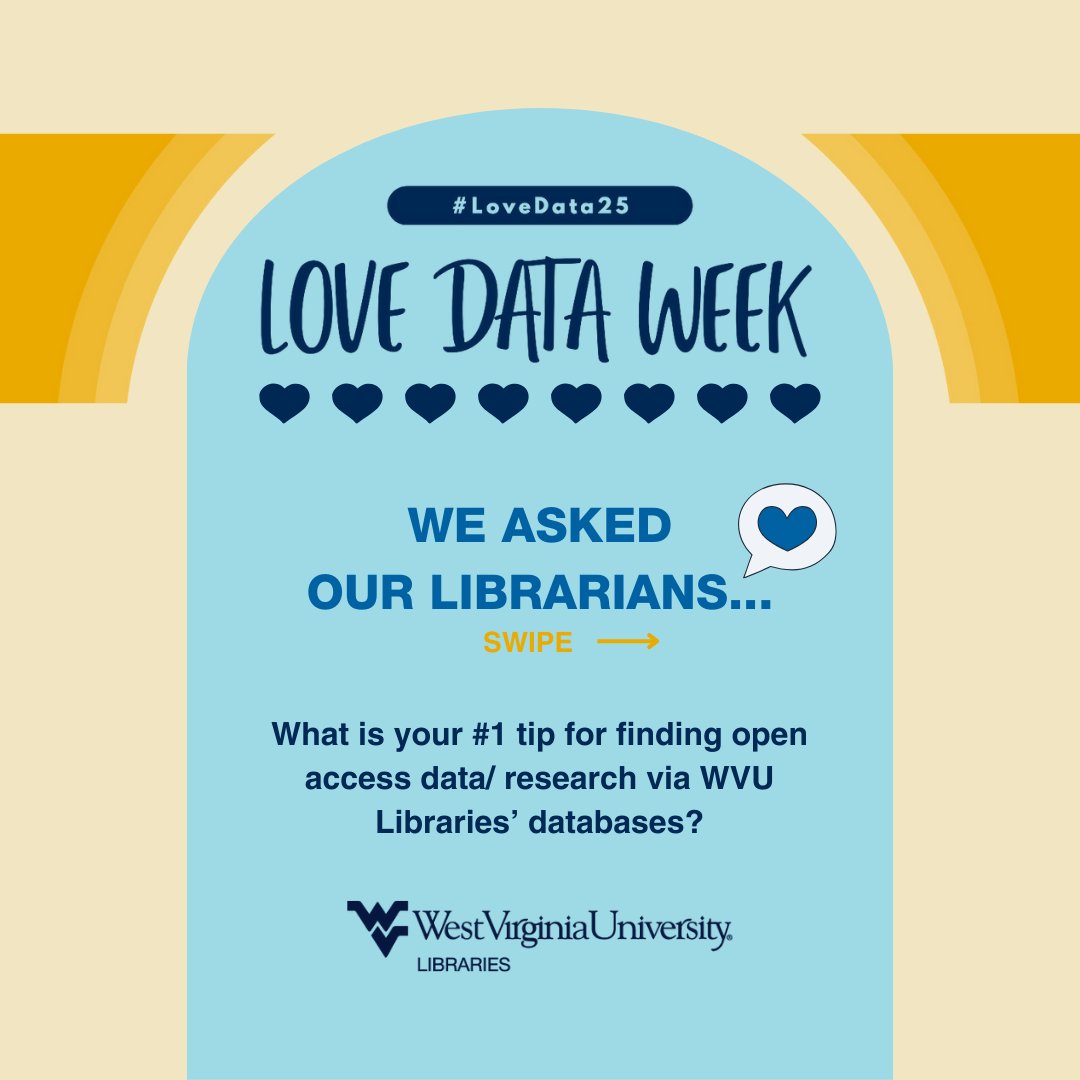 wvuLibraries's tweet image. For #LoveDataWeek, we asked our librarians: What is your #1 tip for finding open access data/ research via WVU Libraries’ databases?  

Swipe to see what they said! → → 

#LoveData25
