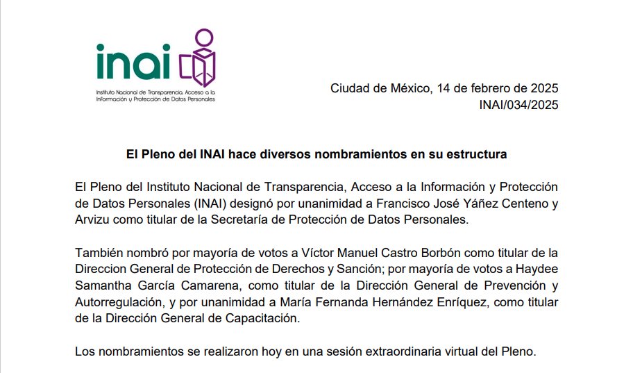 ALEPHBIO's tweet image. El INAI aprobó la designación del nuevo secretario de Protección de Datos Personales Francisco José Yáñez Centeno y Arvizu, sobrino del Subsecretario de Gobierno, César Alejandro Yáñez Centeno Cabrera.