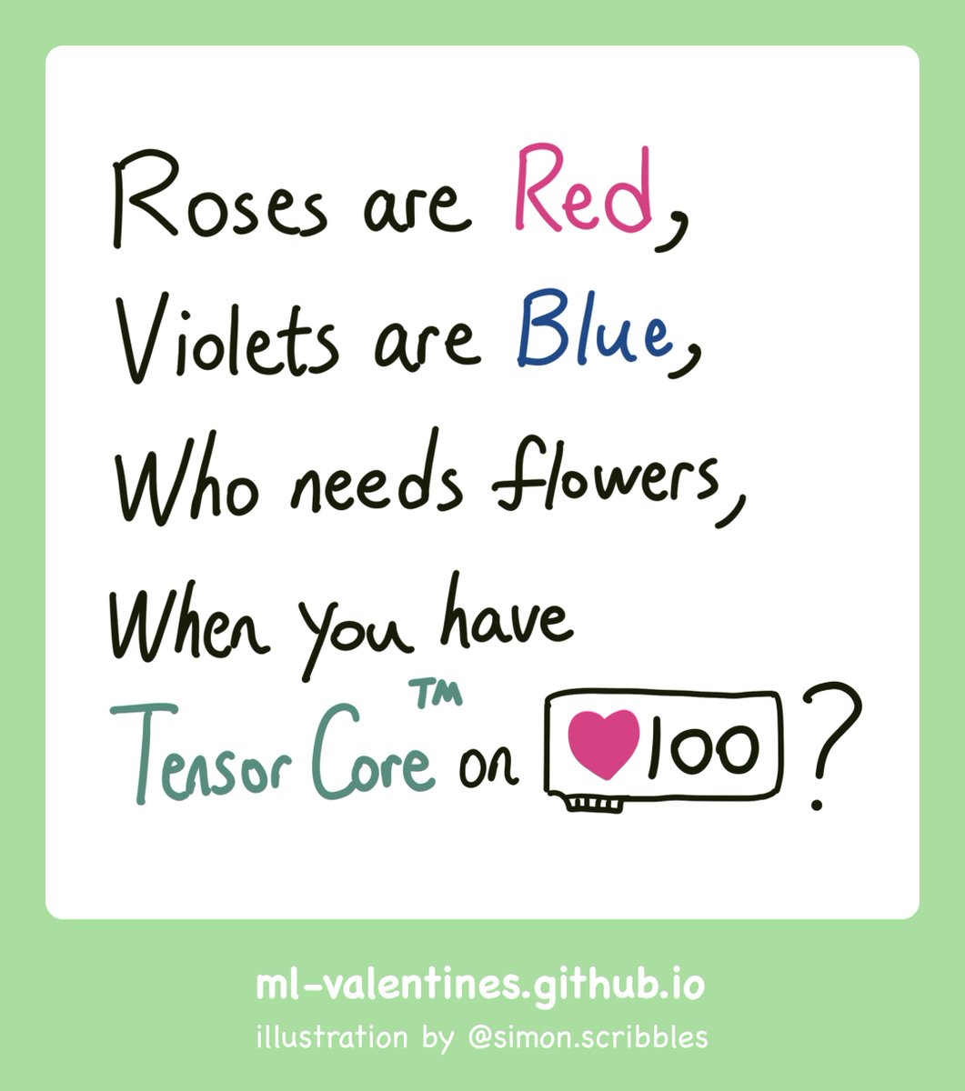 Simon Guo 🦝 (@simonguozirui) on Twitter photo We asked Stanford students their best ML pickup lines 💌 for Valentine's Day 💝:
Check out the full dataset 🔍:
ml-valentines.github.io
(wonderfully compiled by my friend <a href="/michelllepan/">Michelle Pan</a>)
Here are some of the best ones (along with some doodles I made to match!) We asked Stanford students their best ML pickup lines 💌 for Valentine's Day 💝:
Check out the full dataset 🔍:
ml-valentines.github.io
(wonderfully compiled by my friend <a href="/michelllepan/">Michelle Pan</a>)
Here are some of the best ones (along with some doodles I made to match!)