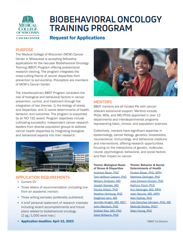MCWCancerCenter's tweet photo. Now accepting applications!

The Biobehavioral Oncology Training (BBOT) Program offers a 2-year #research fellowship for postdocs, focusing on  Cancer Disparities from prevention to survivorship.

Apply by April 15, 2025: https://t.co/XgscI9mxBM https://t.co/Sjep8JJWIC