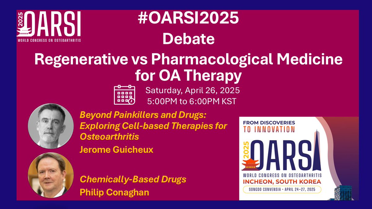 🚨 Debate Alert at #OARSI2025! 🚨

Osteoarthritis (OA) treatment is evolving—are we moving toward regenerative medicine, or will pharmacological approaches remain the gold standard? 🤔

Join us for a dynamic debate at OARSI 2025 in Incheon, South Korea!

congress.oarsi.org/program/sessio…