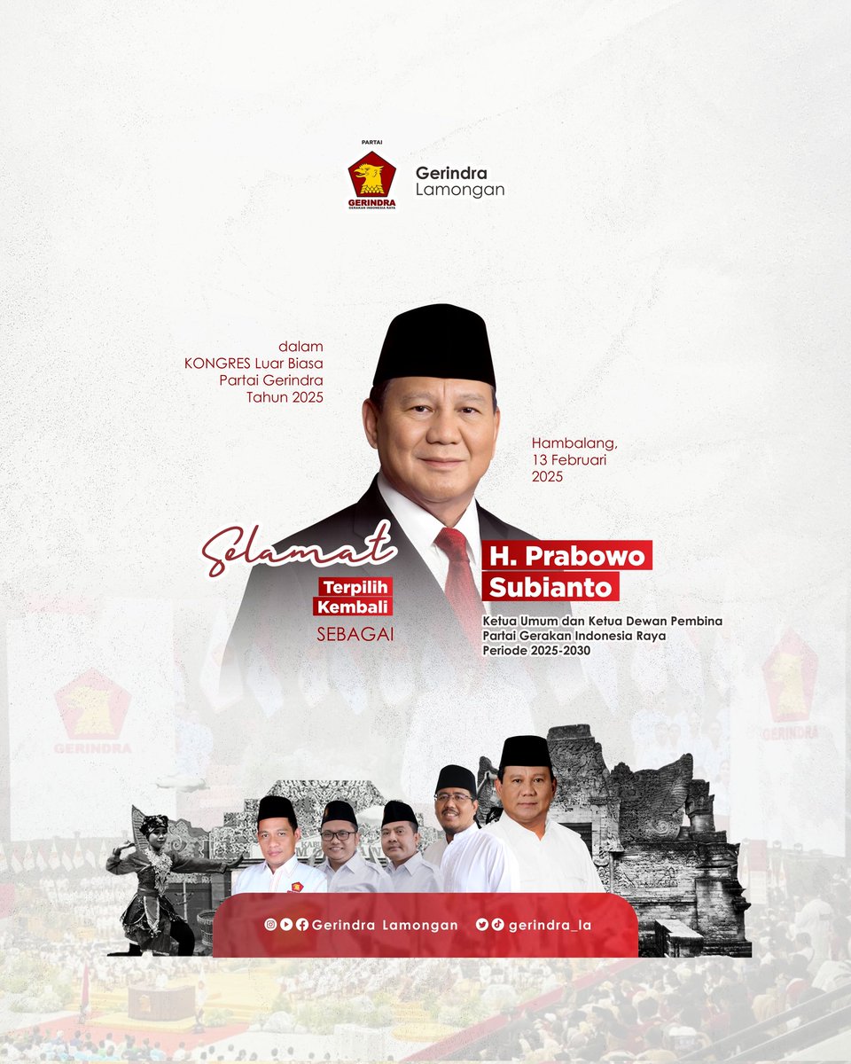gerindra_la's tweet photo. Selamat dan sukses atas terpilihnya kembali Bapak Jenderal TNI (Purn) H. Prabowo Subianto @prabowo sebagai Ketua Dewan Pembina dan Ketua Umum DPP Partai Gerindra.

Hambalang, Bogor, Jawa Barat, 13 Februari 2025.
 🇮🇩

#Prabowo #Gerindra #GerindraLamongan #politisisantri #lamongan https://t.co/wVZaIx0goF