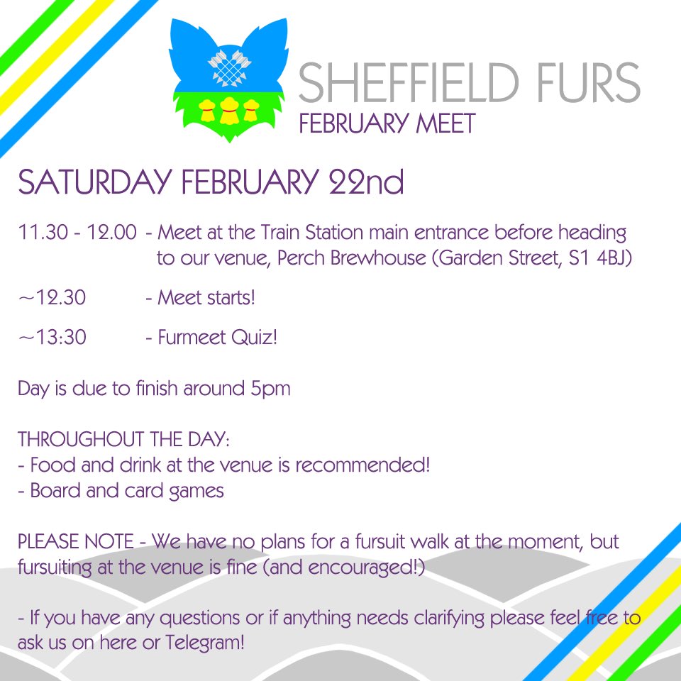 🐾Sheffield Furmeet • Saturday 22nd February 🐾

Sorry for the late announcement but it’s meet time soon! Back to normal this month. ^^ 

See ya there!
