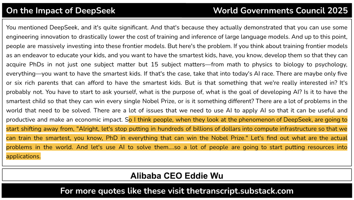$BABA CEO: ".people...are going to start shifting away from, 'let's stop putting in...billions of dollars into compute infrastructure so that we can train the smartest PhD in everything'...Let's find out what are the actual problems in the world &amp; let's use AI to solve them"