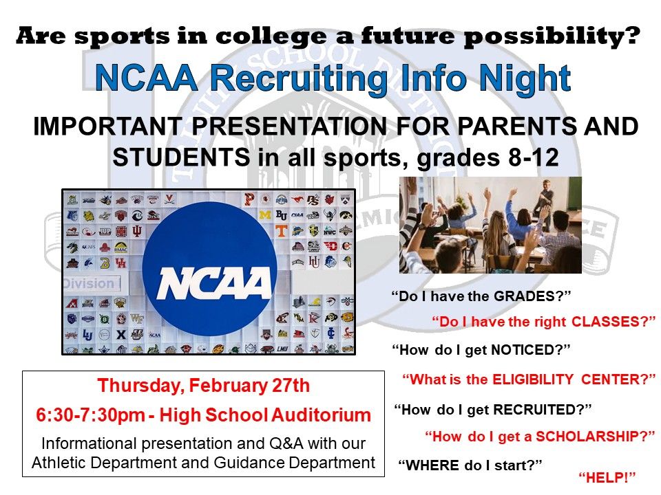 Our NCAA Informational Presentation for Students and Parents in grades 8-12 will be held on Thursday, Feb 27th at 6:30pm at Trinity High School Auditorium.  Please plan to attend if college sports may be in your future.