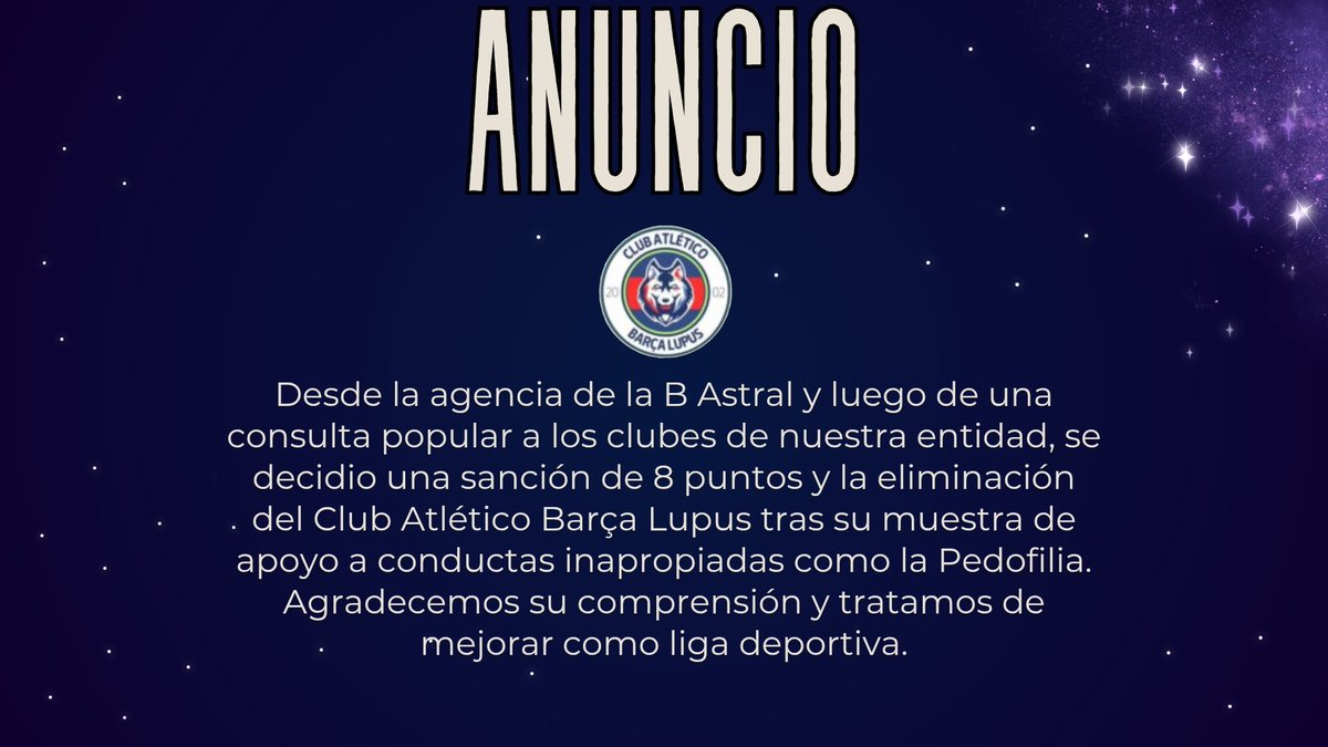 Anuncio sobre las recientes políticas del Club Atlético Barça Lupus