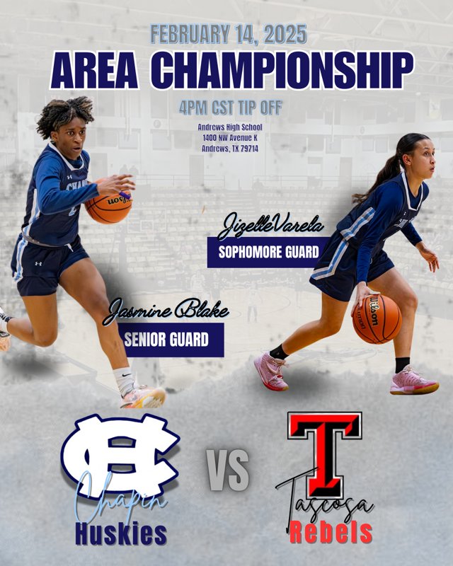Eric Weaver (@coachbigweave) on Twitter photo 🏆🏀5A-D1 Reg. 1 Area Round🏀🏆
<a href="/CHSLadyHuskies/">LadyHuskiesHoops</a> take on 3rd Ranked <a href="/LadyRebels_THS/">Tascosa Lady Rebels 🏀</a>
🗓Friday, Feb. 14 🕓 4pmCST
📍Andrews, TX
#ACC #LockInLevelUp
<a href="/Fchavezeptimes/">Felix Chavez</a> <a href="/ferminhermin/">Javier Cortez</a> <a href="/EPISDathletics/">EPISD ATHLETICS</a> <a href="/EPSports915/">Borderland Sports</a> <a href="/epsportsnet/">El Paso Sports Network</a> <a href="/Prep1USA/">PREP1</a> <a href="/Nick_TXHSGBB/">Nick Alvarado (blue checkmark)</a> 🏆🏀5A-D1 Reg. 1 Area Round🏀🏆
<a href="/CHSLadyHuskies/">LadyHuskiesHoops</a> take on 3rd Ranked <a href="/LadyRebels_THS/">Tascosa Lady Rebels 🏀</a>
🗓Friday, Feb. 14 🕓 4pmCST
📍Andrews, TX
#ACC #LockInLevelUp
<a href="/Fchavezeptimes/">Felix Chavez</a> <a href="/ferminhermin/">Javier Cortez</a> <a href="/EPISDathletics/">EPISD ATHLETICS</a> <a href="/EPSports915/">Borderland Sports</a> <a href="/epsportsnet/">El Paso Sports Network</a> <a href="/Prep1USA/">PREP1</a> <a href="/Nick_TXHSGBB/">Nick Alvarado (blue checkmark)</a>