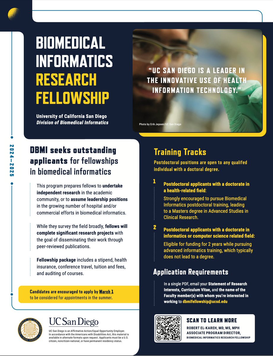 yosoykit's tweet image. Our DBMI Division at UCSD is also hiring postdocs on our T15 too! Find info to apply below @UCSDHealth @UCSDCancer Opportunities to work in our lab and others, as well as to grow your skills in our strong training program