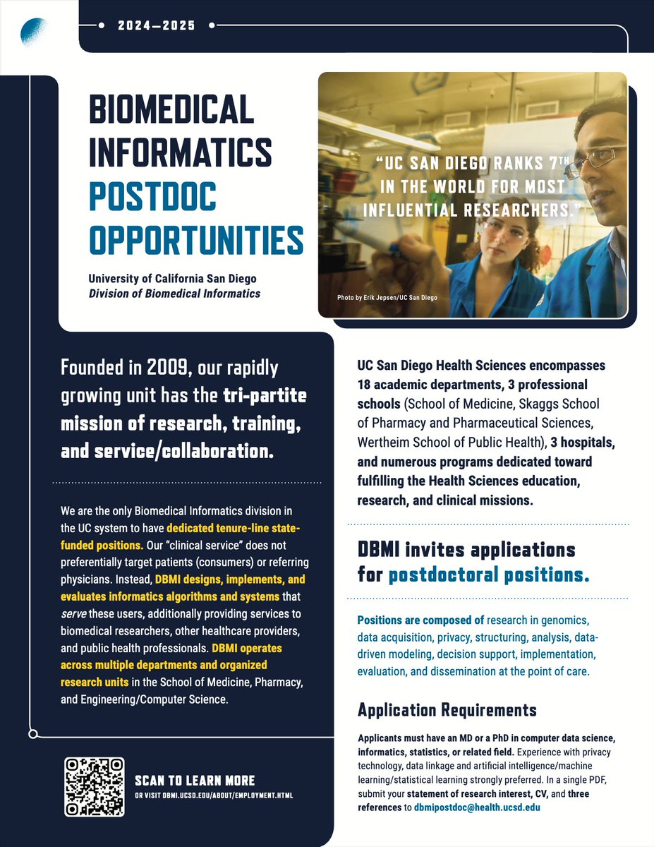 yosoykit's tweet image. Our DBMI Division at UCSD is also hiring postdocs on our T15 too! Find info to apply below @UCSDHealth @UCSDCancer Opportunities to work in our lab and others, as well as to grow your skills in our strong training program
