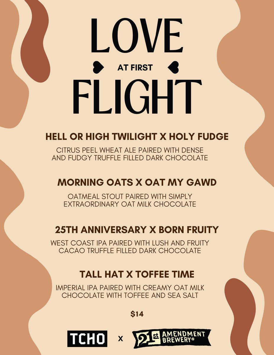 Love at First Flight. Stop by our Taproom in San Leandro today for a special TCHO Chocolate and 21st Amendment Brewery pairing for all those lovers out there. 🍻