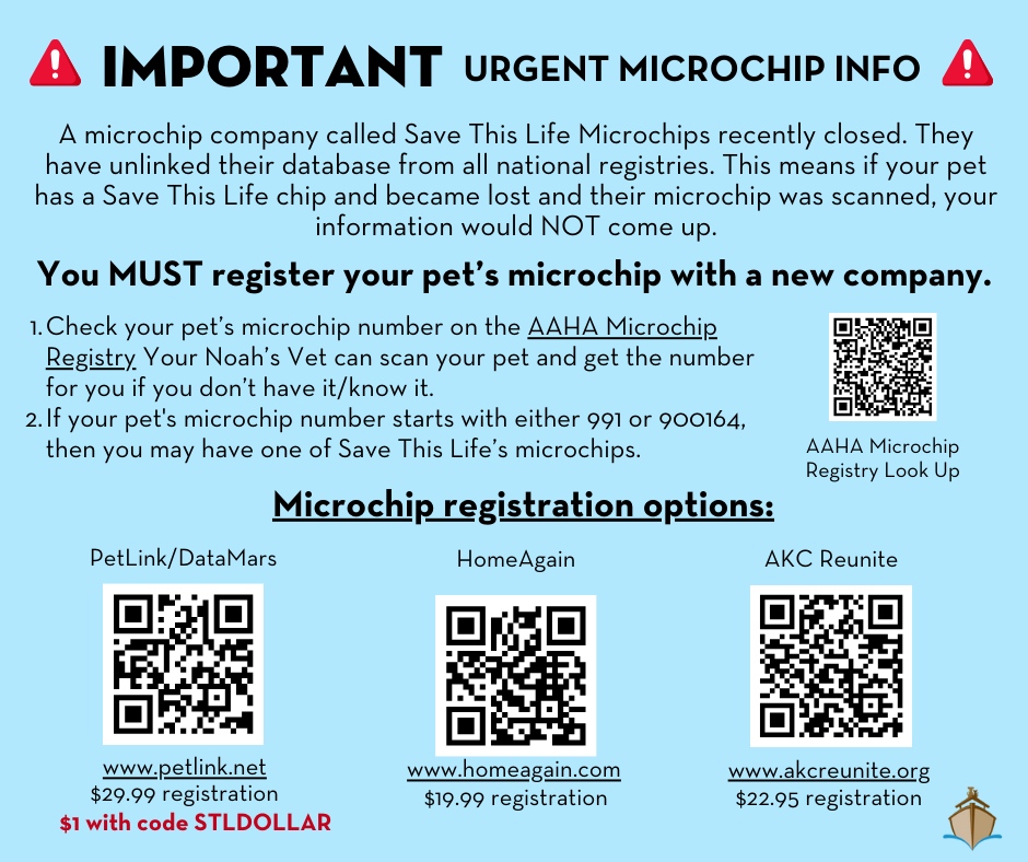 A microchip company called Save This Life has closed, and unlinked their database from all national registries. This means if your pet has one of their chips and they are scanned, your information will NOT come up. Here is what you need to do to make sure your pet is safe.