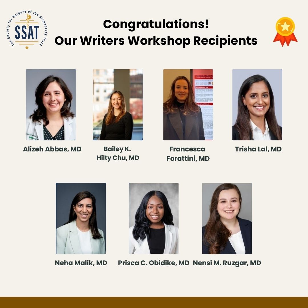🎉 Congrats to our SSAT Writers Workshop Scholarship recipients! ✍️ Excited to support your journey in surgical research at DDW! #SSAT #WritersWorkshop #Congratulations