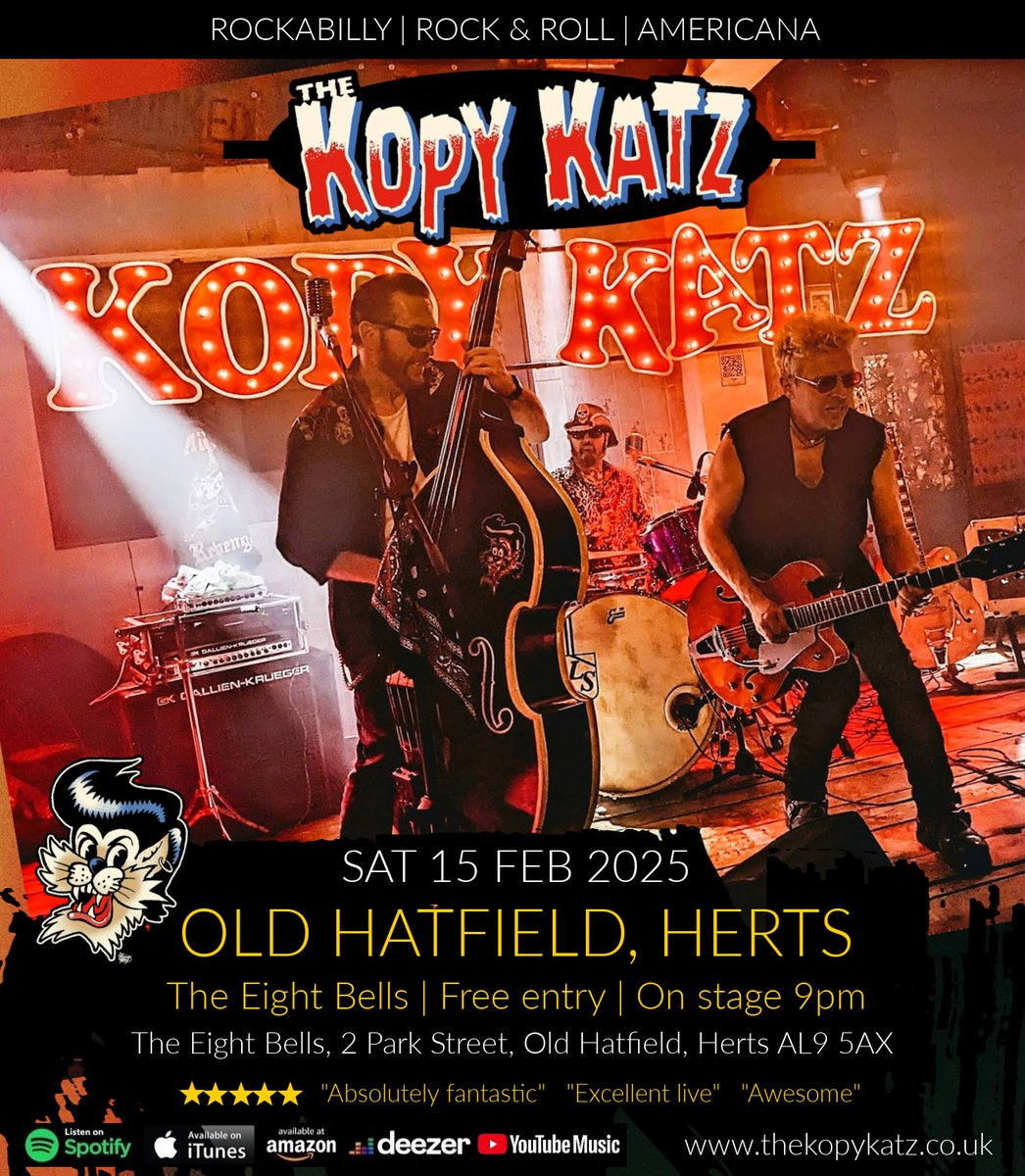 TheKopyKatz's tweet image. If u are free tomorrow night, local rock &amp;amp; rollers, The Kopy Katz are playing Old Hatfield. Lots of Stray Cats, 1950s rockers, T.Rex and more. Free entry. #hatfield #welwyn #herts #stalbans