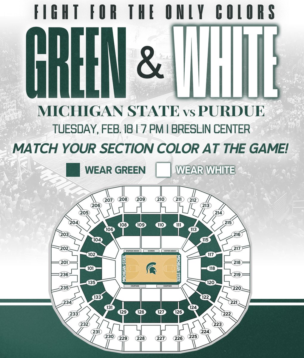 Michigan State Athletics (@msu_athletics) on Twitter photo Fight For the Only Colors 🟢⚪
Spartans, make sure you're wearing the right color for your section when <a href="/MSU_Basketball/">Michigan State Men's Basketball</a> takes on Purdue Tuesday night. Fight For the Only Colors 🟢⚪
Spartans, make sure you're wearing the right color for your section when <a href="/MSU_Basketball/">Michigan State Men's Basketball</a> takes on Purdue Tuesday night.
