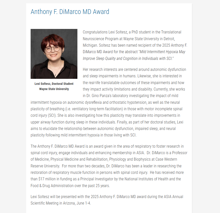 🎊Congratulations to Lexi Soltesz for winning the Anthony F. DiMarco Award from ASIA for her abstract on MIH and Sleep! We are so proud of her for such a prestigious award! She will be presenting a 10 minute talk at the ASIA conference June 1-4! #spinalcordinjury #medicine #wsu