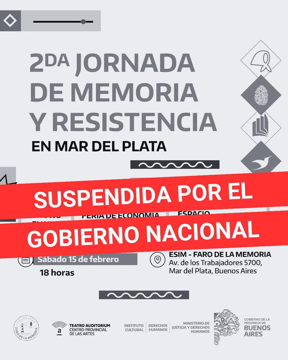 El Gobierno Nacional decidió suspender las actividades culturales que <a href="/DerHumanosPBA/">Derechos Humanos PBA</a> y <a href="/CulturaPBA/">Instituto Cultural de la Provincia de Buenos Aires</a>, junto al Colectivo Faro de la Memoria, habían programado en el Espacio para la Memoria Ex CCD ESIM para el sábado 15 de febrero. 

➡️ instagram.com/p/DGEFw_VRiPg/…