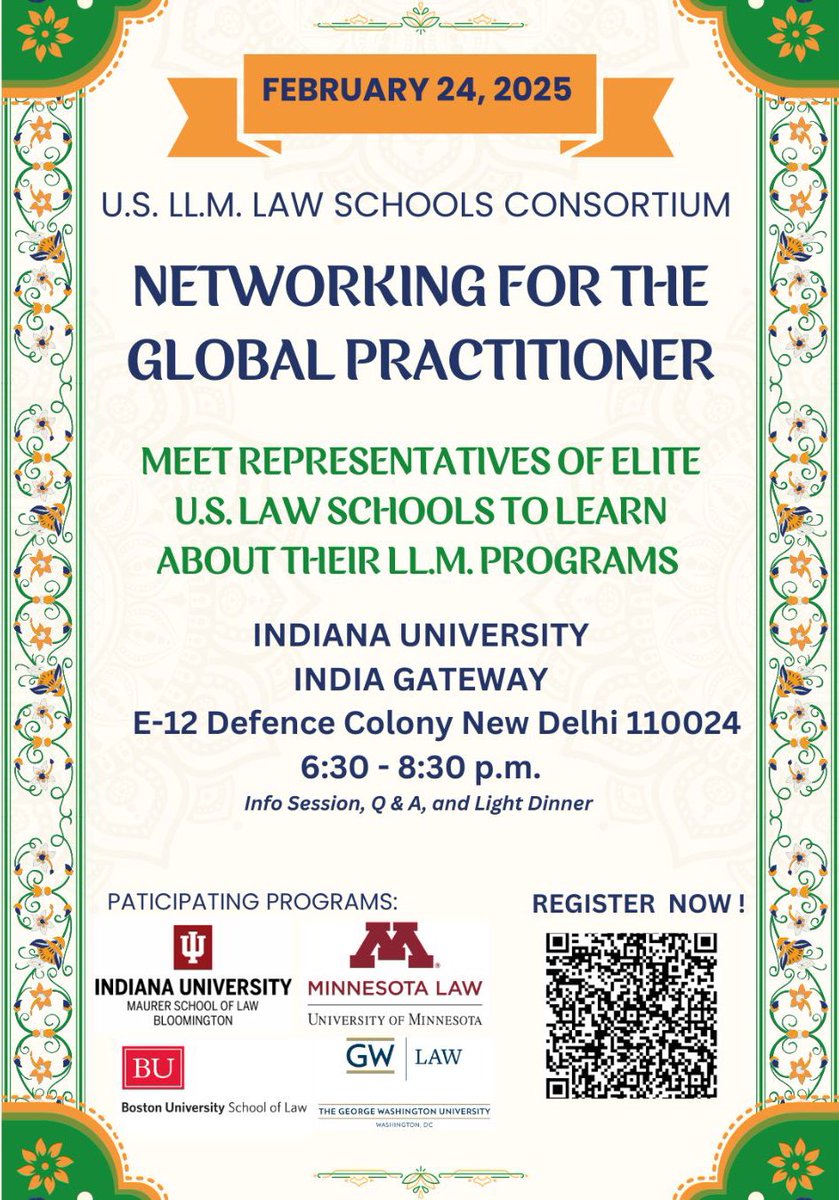 Maurer School of Law is coming to New Delhi, India! ✈️🇮🇳

Join us for an exclusive networking event and connect with alumni and representatives from top U.S. law schools.

Save the date and scan the QR code to register!