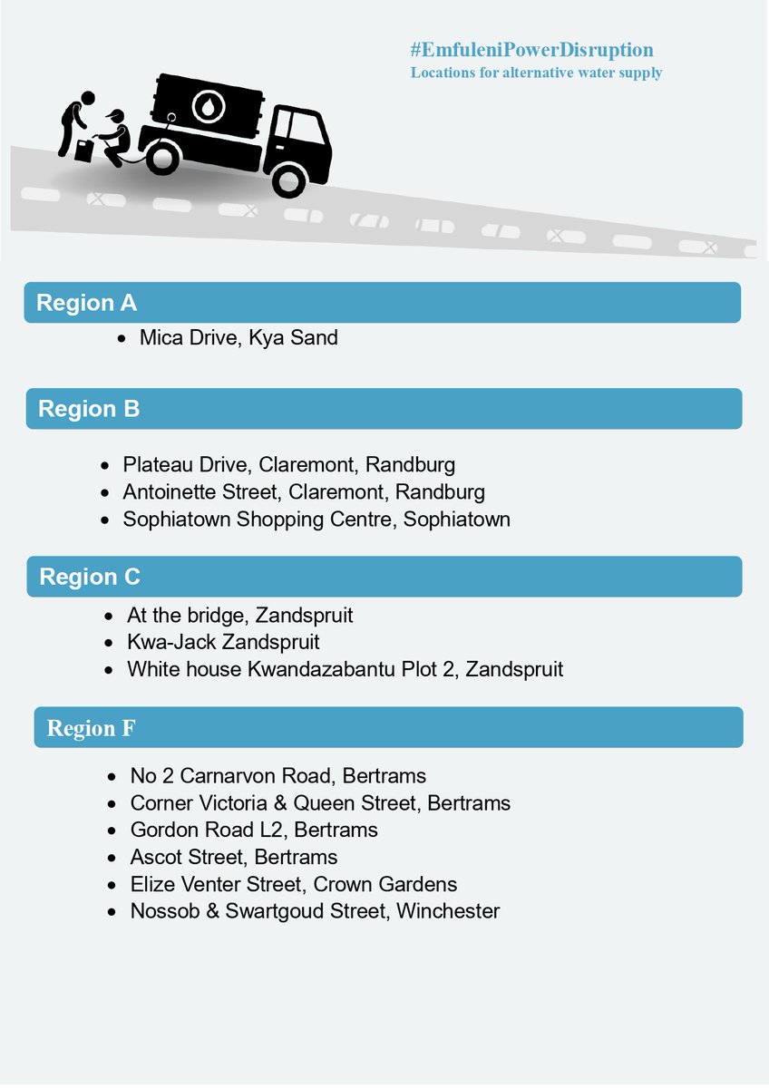 JHBWater's tweet photo. #JoburgUpdates
#EmfuleniPowerDistruption
#LocationOfWaterTankers ^PR https://t.co/qDaZQcrnLf