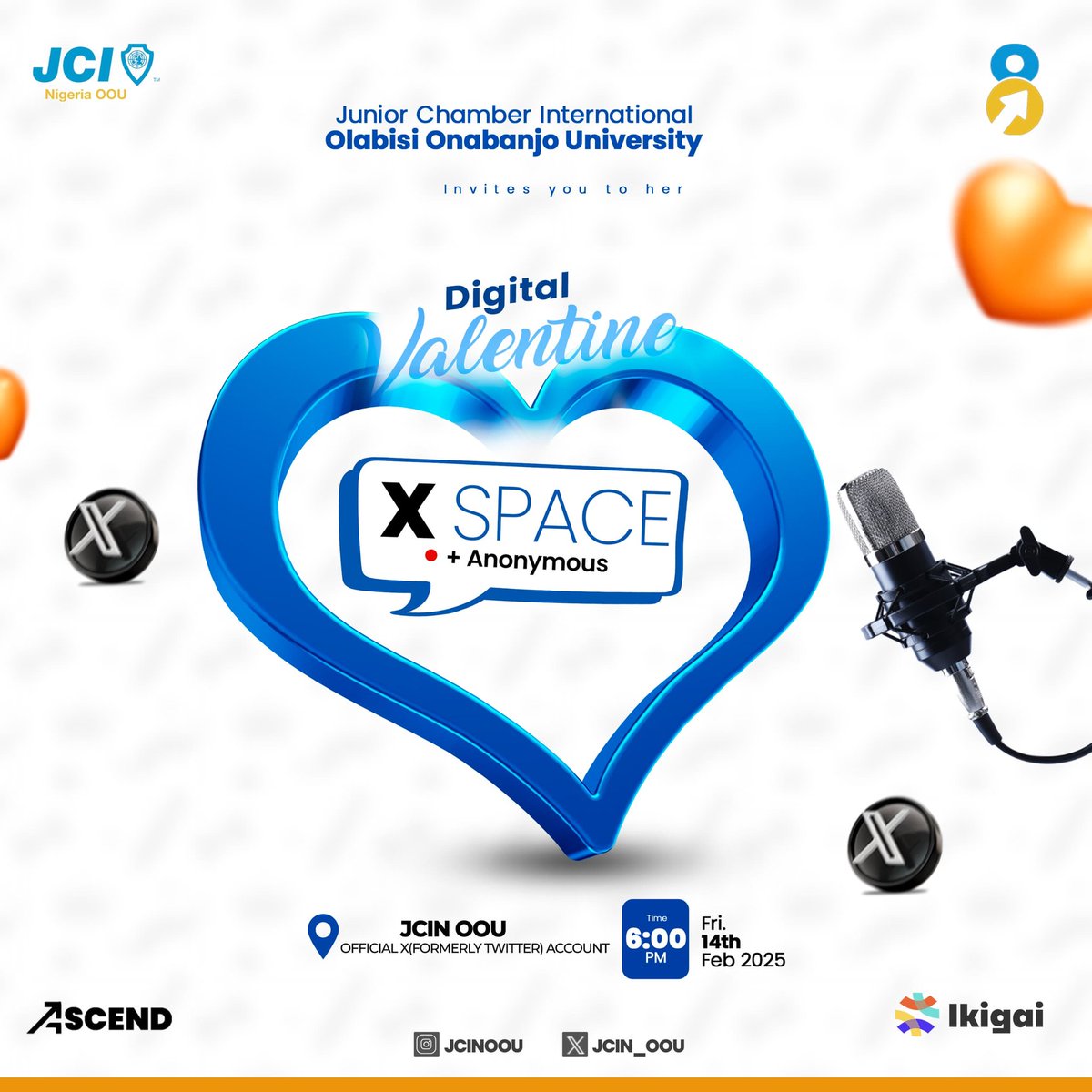 JCIN_OOU_'s tweet photo. It's Valentine's and we can't wait to celebrate LOVE in all its forms! Join us for a special evening of connection and affection. We'll be reading out anonymous messages of appreciation, admiration, and affection - and we want YOU to be a part of it.
#JCI
#JCINIGERIA
#JCINOOU https://t.co/gT7yvf1rzj