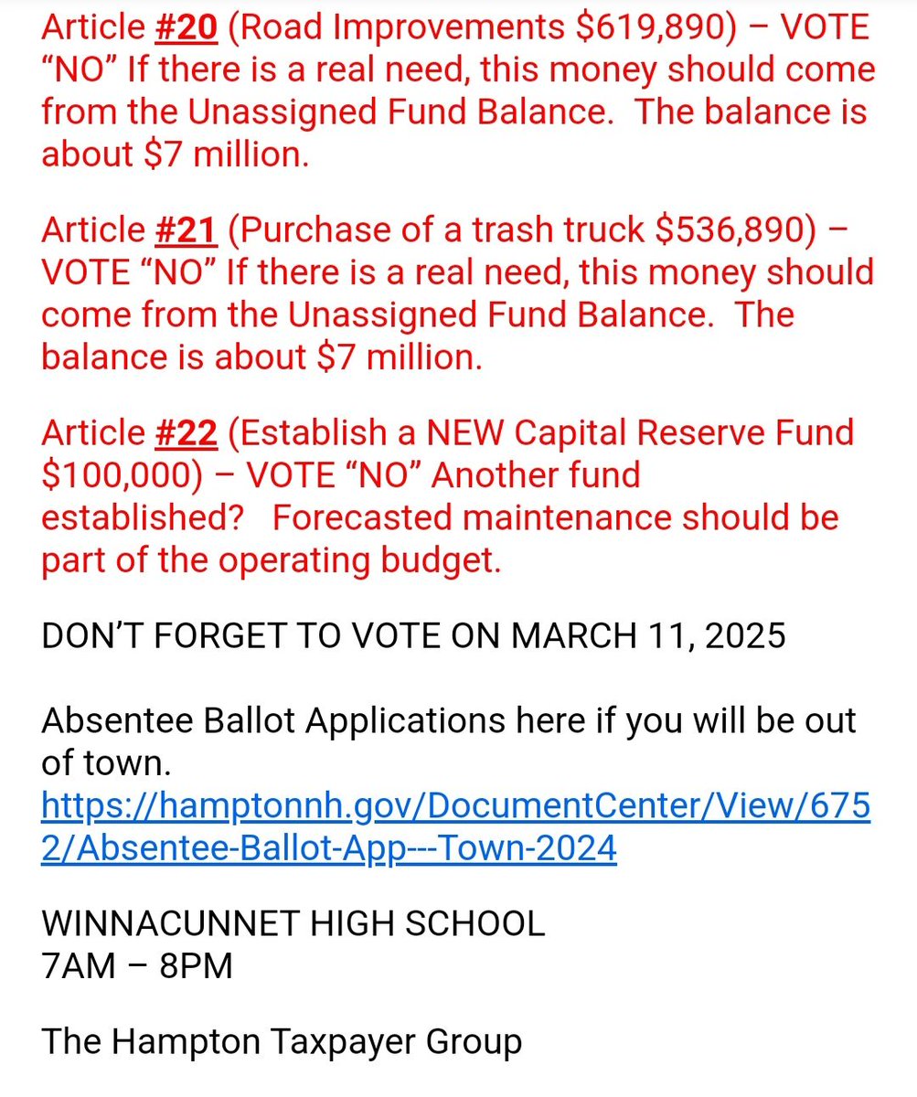 GopHampton's tweet photo. Hampton Taxpayer Group's Recommendations on #hamptonnh warrants for 3/11 #election. #hamptonbeachnh #NH01 #CD01 #townelection #NHGOP #nhpolitics #rockinghamcountynh #seacoastnh #TrumpAdministration #ElectionIntegrity #ElectionIntegrityMatters #livefreeordie #tbt #taxes #veterans https://t.co/6rHC3cA75W