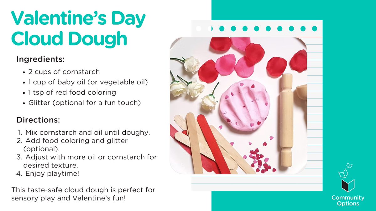 CommunityOpsYEG's tweet image. Valentine’s Day is about connection and kindness. Try this taste-safe cloud dough for fun sensory play with your little ones!

How do you celebrate Valentine’s Day? 💬❤️

#ValentinesDay #LoveAndInclusion #SensoryPlay #EarlyChildhood #InclusiveCommunities #Communityopsyeg