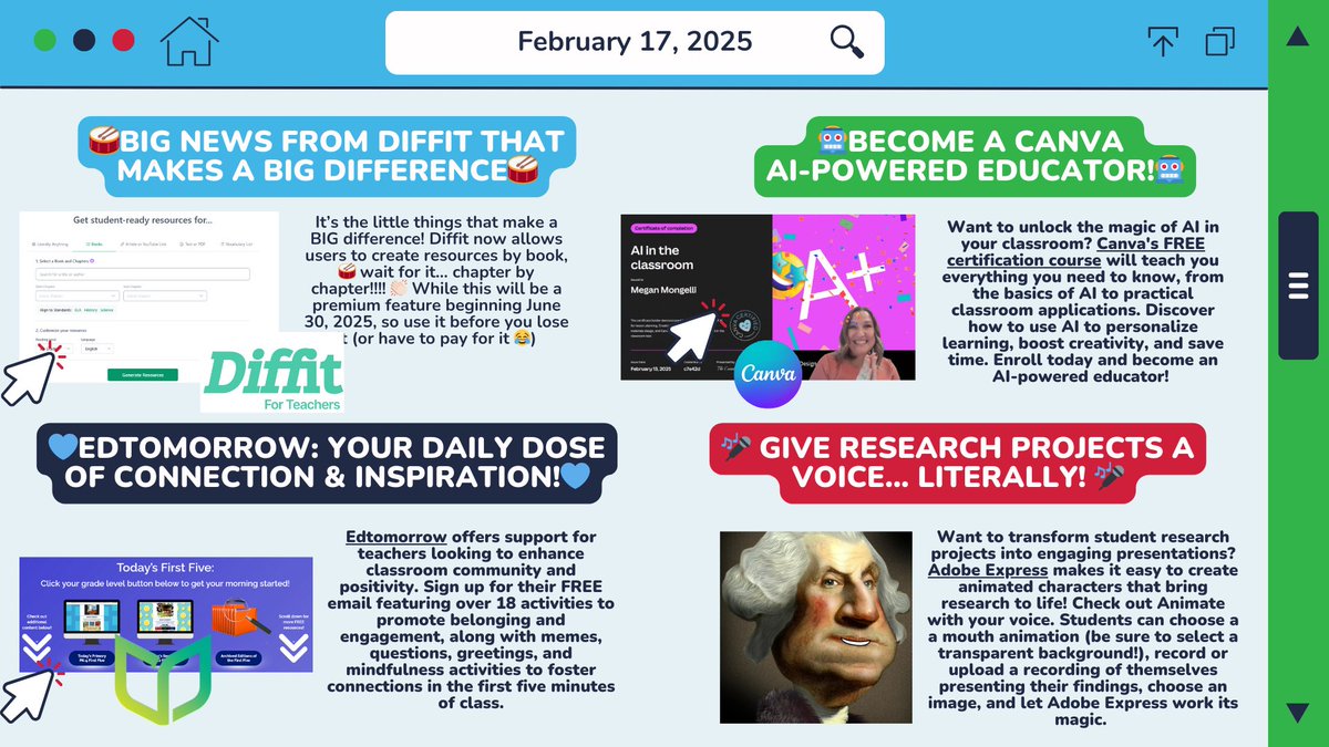 Megan Mongelli (@mongellimegan) on Twitter photo 👀Check out Megan's Megabytes: A Bit of Tech to Try!
🔗 bit.ly/MegansMegabytes
🥁Big news from <a href="/DiffitApp/">Diffit</a> that makes a BIG difference
🤖Become a <a href="/CanvaEdu/">Canva for Education</a> AI-Powered educator
💙 Daily dose of connection & inspo <a href="/ed_tomorrow/">edtomorrow</a>
🎤 Give research projects a voice w/ <a href="/AdobeExpress/">Adobe Express</a> 👀Check out Megan's Megabytes: A Bit of Tech to Try!
🔗 bit.ly/MegansMegabytes
🥁Big news from <a href="/DiffitApp/">Diffit</a> that makes a BIG difference
🤖Become a <a href="/CanvaEdu/">Canva for Education</a> AI-Powered educator
💙 Daily dose of connection & inspo <a href="/ed_tomorrow/">edtomorrow</a>
🎤 Give research projects a voice w/ <a href="/AdobeExpress/">Adobe Express</a>