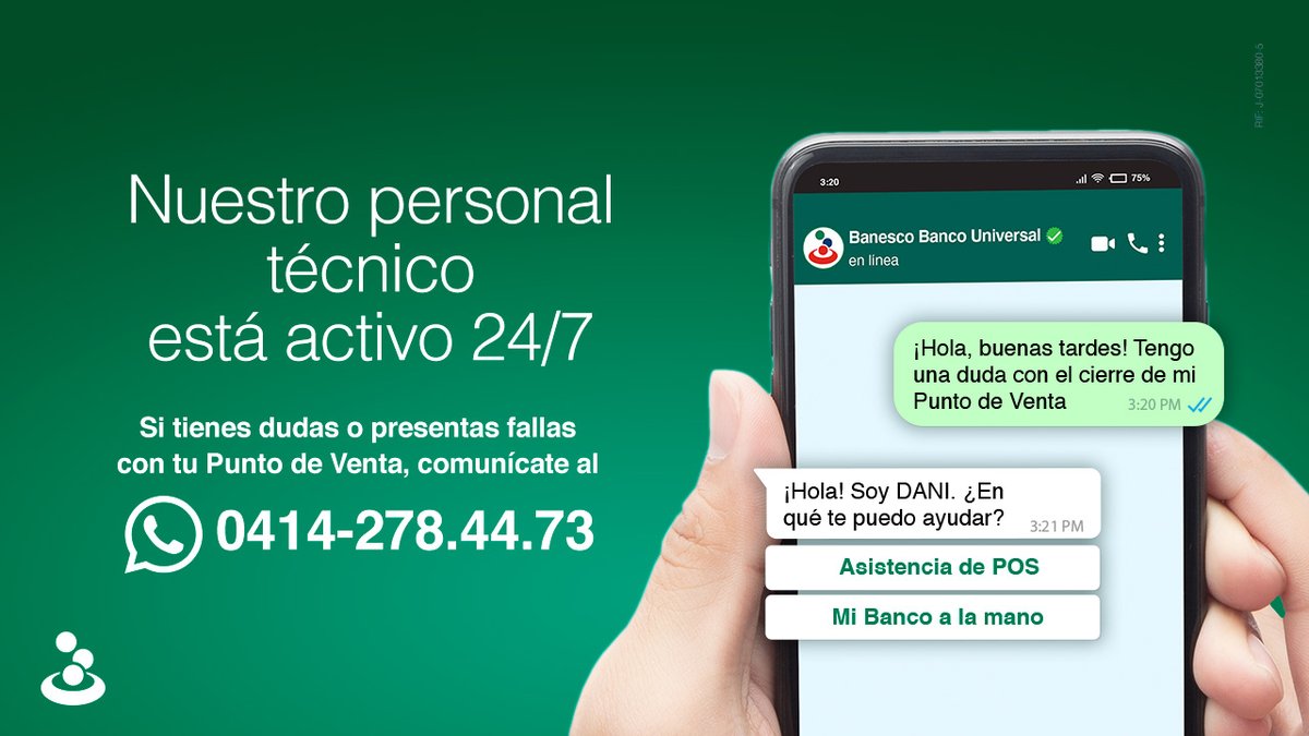 En Banesco, tu negocio siempre está en buenas manos.

Para cualquier duda o incidencia con tu #PuntoDeVenta, escríbenos por WhatsApp al (0414) 278.4473 📲 ¡Nuestros técnicos especializados te atenderán de inmediato!

#BanescoContigo