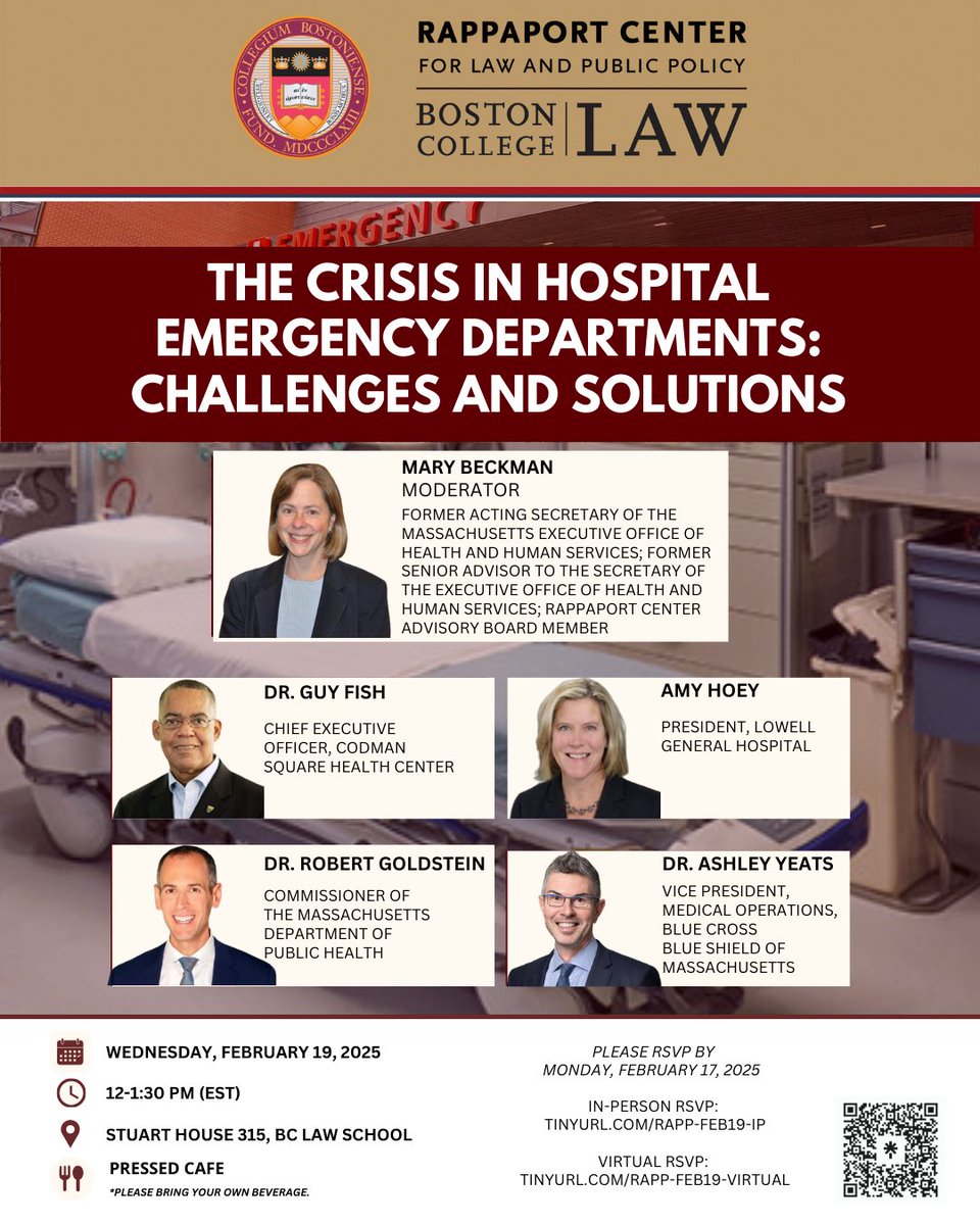 On Wednesday, February 19, 2025, from 12-1:30 P.M., the Rappaport Center will present " The Crisis in Hospital Emergency Departments: Challenges and Solutions" 

In-Person RSVP: tinyurl.com/Rapp-Feb19-IP
Virtual RSVP: tinyurl.com/Rapp-Feb19-Vir…