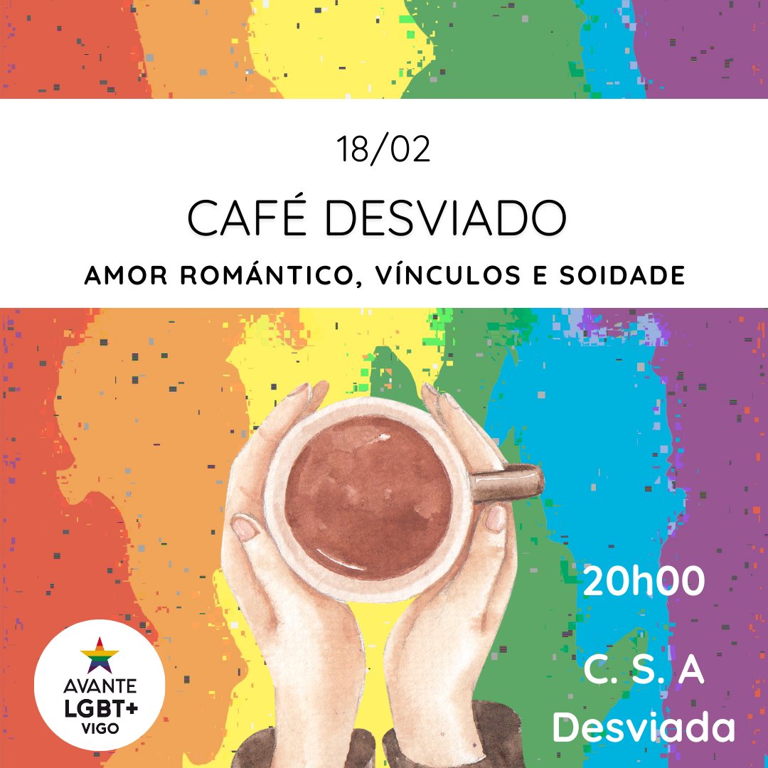 Café Desviado ☕️🏳️‍🌈🏳️‍⚧️

Vémonos este martes no Café Desviado! Este mes xuntámonos para conversar sobre amor romántico, vínculos e soidade. Achégate ao Centro Social A Desviada ás 20h 🫶

Vémonos alí!!