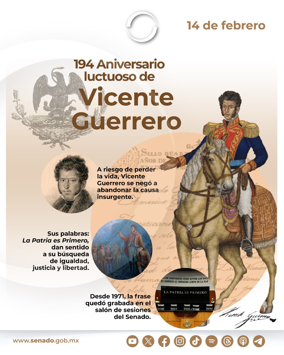 senadomexicano's tweet photo. 📌 El legado de Vicente Guerrero a México, forjado en su lucha por la justicia y la libertad, sigue vigente y nos recuerda cada día que "La Patria es Primero". https://t.co/ztqvewrvxq