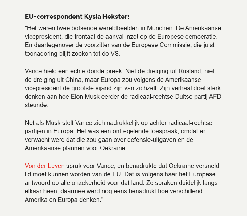 ewaldeng's tweet photo. Dit commentaar: niet te harden. 
Het was niet een frontale aanval op de Europese democratie maar juist op afwezigheid ervan.
En waarom meteen Musk en AfD er bij halen.
Waar is de nieuwsgierigheid?
Waarom altijd meteen die veroordeling-by-association?
https://t.co/PDdoZiqiPF https://t.co/O1nzehaJLr
