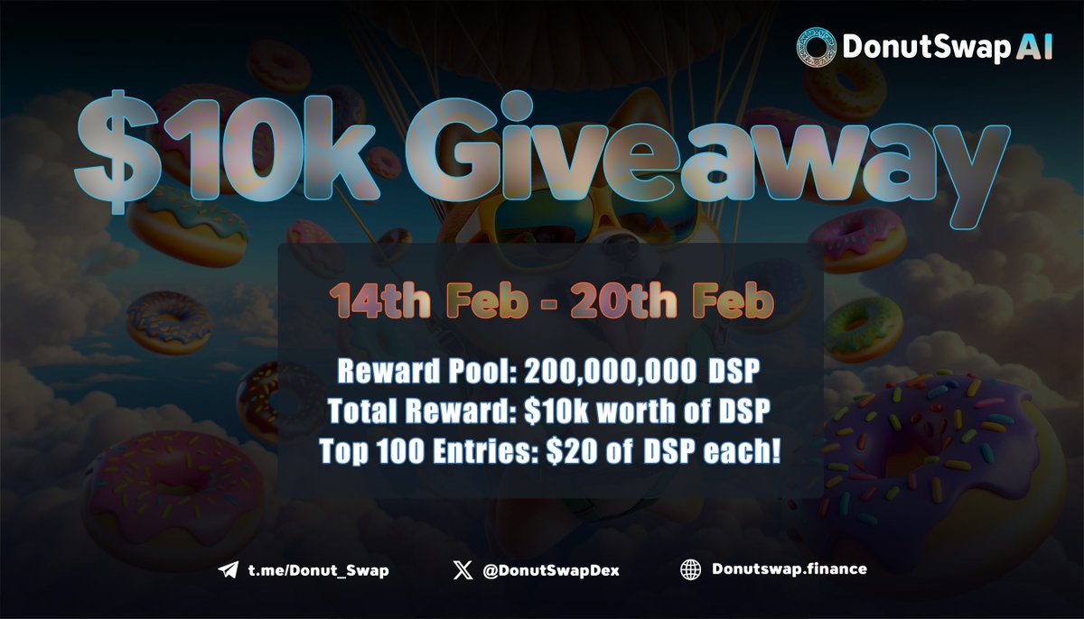 New airdrop: DonutSwap AI (DSP)
Total Reward: $12,000 worth of DSP
Rate: ⭐️⭐️⭐️⭐️
Winners: 2,000 Random &amp; Top 100
Distribution: within 14 days after TGE

Bot Airdrop Link: t.me/DonutSwapAI_bot

#Airdrop #Airdrops #Airdropinspector #ETH #DonutSwapAI #DSP #AirdropBot