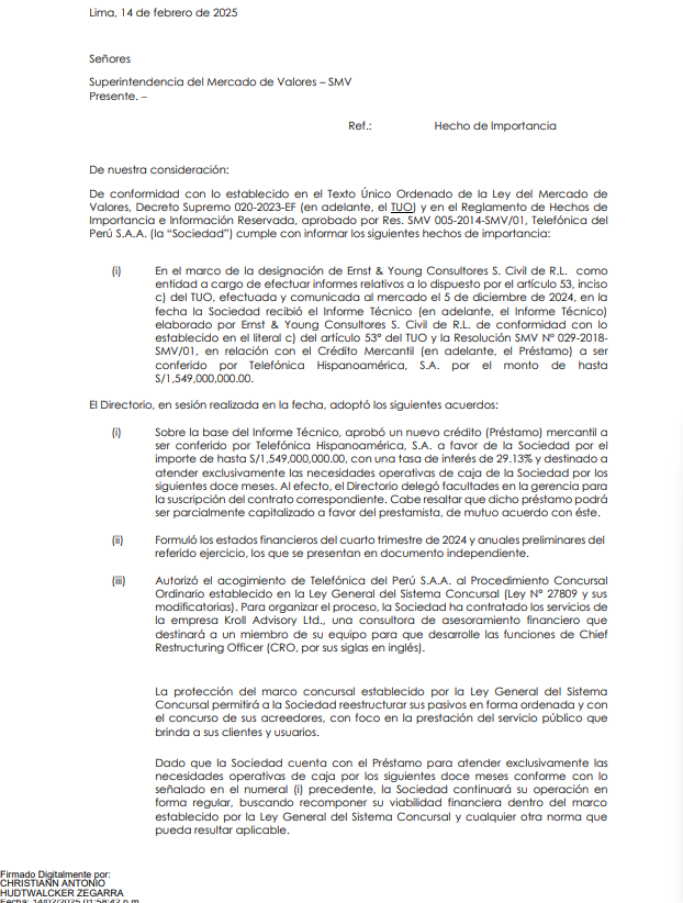 paolobenza's tweet photo. #URGENTE Telefónica del Perú entrará a proceso concursal, el paso previo a la quiebra. Así lo ha decidido su directorio, según un hecho de importancia que acaba de ingresar a la SMV.

Con esto, las deudas tributarias de Telefónica con el Estado peruano quedan en suspenso (1/2) https://t.co/vYhKF4T5p6