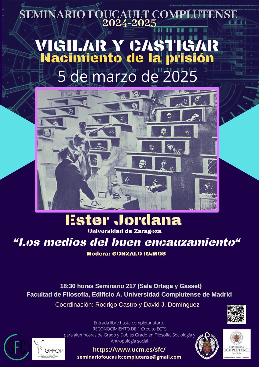 Seminario Foucault Complutense (@sfoucaultc) on Twitter photo El 5 de marzo continuamos con nuestro seminario de lectura de "Vigilar y castigar" en la <a href="/FilosofiaUCM/">Facultad de Filosofía UCM</a> con una presentación de Ester Jordana.
Los que no puedan acercarse a la Facultad, podrán asistir virtualmente a través de nuestro canal: youtube.com/@sfcseminariof… El 5 de marzo continuamos con nuestro seminario de lectura de "Vigilar y castigar" en la <a href="/FilosofiaUCM/">Facultad de Filosofía UCM</a> con una presentación de Ester Jordana.
Los que no puedan acercarse a la Facultad, podrán asistir virtualmente a través de nuestro canal: youtube.com/@sfcseminariof…