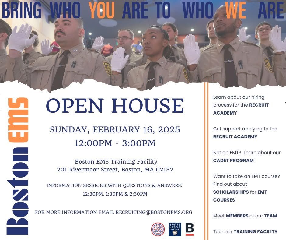 Boston EMS (@boston_ems) on Twitter photo We're kicking off the hiring process for EMTs this month and for cadets next month! Think this is the career for you? Join us for an Open House this Sunday, February 16th from 12-3pm at our training facility in West Roxbury. Questions? Email us at recruiting@bostonems.org 🚑 We're kicking off the hiring process for EMTs this month and for cadets next month! Think this is the career for you? Join us for an Open House this Sunday, February 16th from 12-3pm at our training facility in West Roxbury. Questions? Email us at recruiting@bostonems.org 🚑
