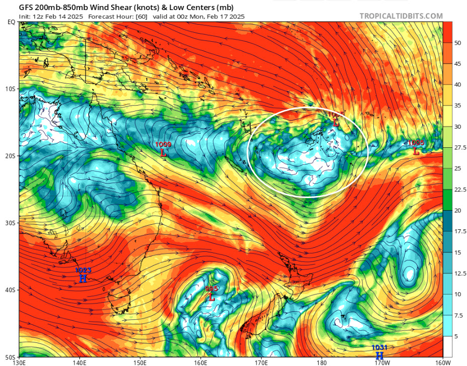 By Monday, an area of low vertical wind shear will allow thunderstorms in the Fiji region to become organised &amp; develop an environment ripe for cyclogenesis, with sea surface temps 28°c to 30°c.  Fiji &amp; Tonga need to 👀this closely, longer term NZ also needs to keep a watchful 👁️