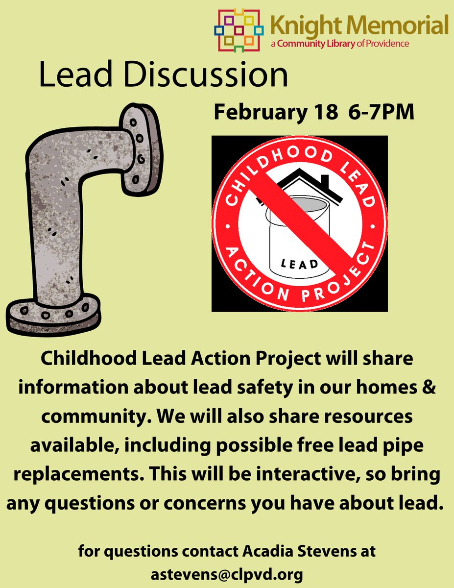 LeadSafeKidsRI's tweet image. Have any questions about lead? We have a workshop coming up next week at Knight Memorial Library (275 Elmwood Ave, Providence, RI 02907). Come join us!