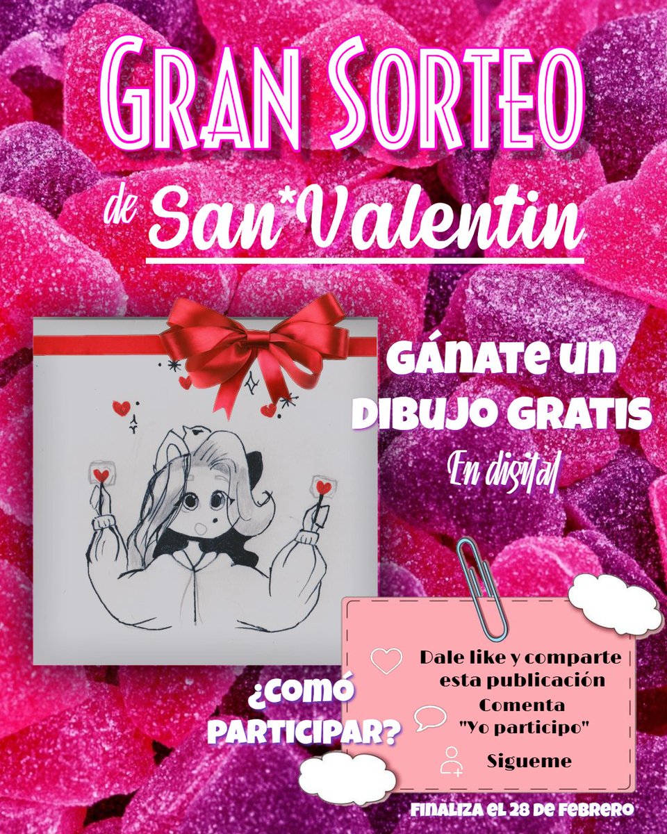 🩷𝐆𝐑𝐀𝐍 𝐒𝐎𝐑𝐓𝐄𝐎 ≧◉ᴥ◉≦🫶
𝓭𝓮 𝓢𝓪𝓷 𝓥𝓪𝓵𝓮𝓷𝓽í𝓷 🩷 
Participa y gánate un dibujo gratis en Digital!! 
  (\_/)
(≧◡≦) Solo habrá un ganador! 
Tienes hasta el 28 de Febrero para participar✨
#SanValentin #dibujo #SORTEO #DigitalArtist  #artdigtal #ArtistOnTwitter