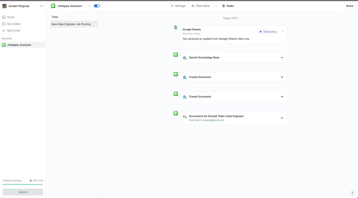 JOloganj's tweet photo. Exploring AI agents like @getlindy to automate tasks—job applications, emails, document creation &amp; more! 🤖✨ No-code tools make it so easy &amp; efficient. Loving the endless possibilities! 🚀 #AI #Automation #NoCode #AIStarterKit https://t.co/tdaG2uguMk