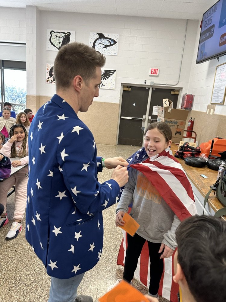 Author, Matt Landis, visited with the 3rd-5th grade students today. His enthusiasm for reading, writing, and history made the experience even more exciting! Thank you to Mr. Landis for encouraging our students to embrace the joy of reading and learning! It was an incredible day!
