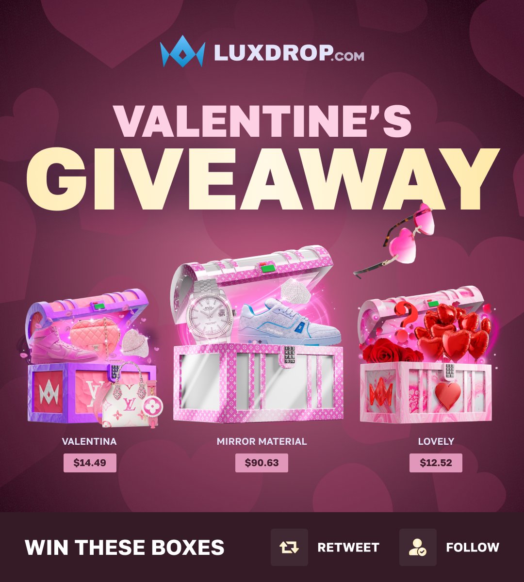 Happy Valentine’s Day to everyone! ❤️💌

To celebrate, we’re giving away these three boxes.

✅ Like, Follow, and Retweet
✅ Comment your LuxDrop username
  
 Good luck! 💝